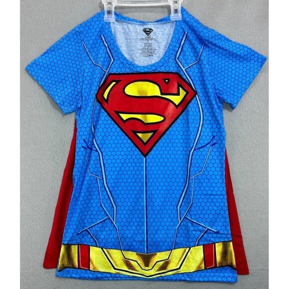 Supergirl T-Shirt Girls Large Blue Red Short Sleeve Tee with Cape - Picture 1 of 5